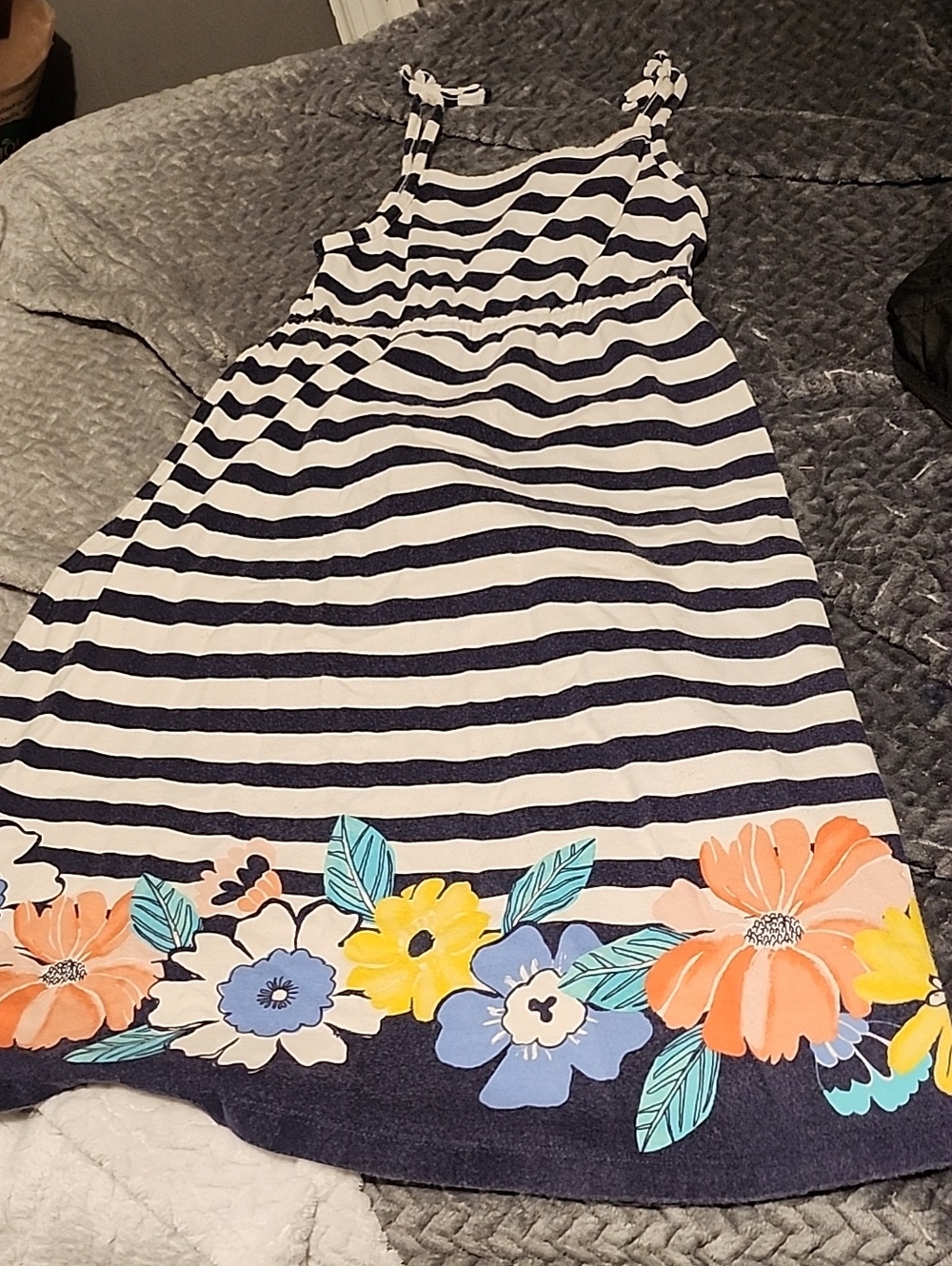 Gymboree Navy and White Striped Sundress with Colorful Floral Border